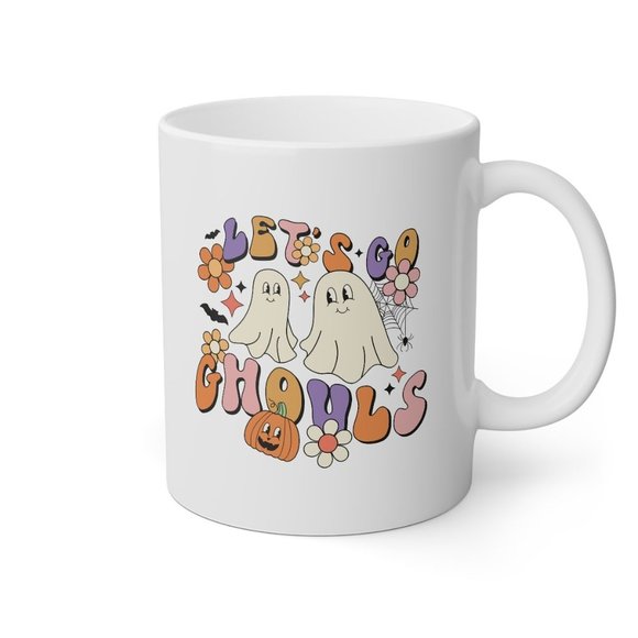 Halloween Mug Cute Retro Vintage Ghost Let's Go Ghouls Hippie 70's Coffee Cup - Picture 3 of 5